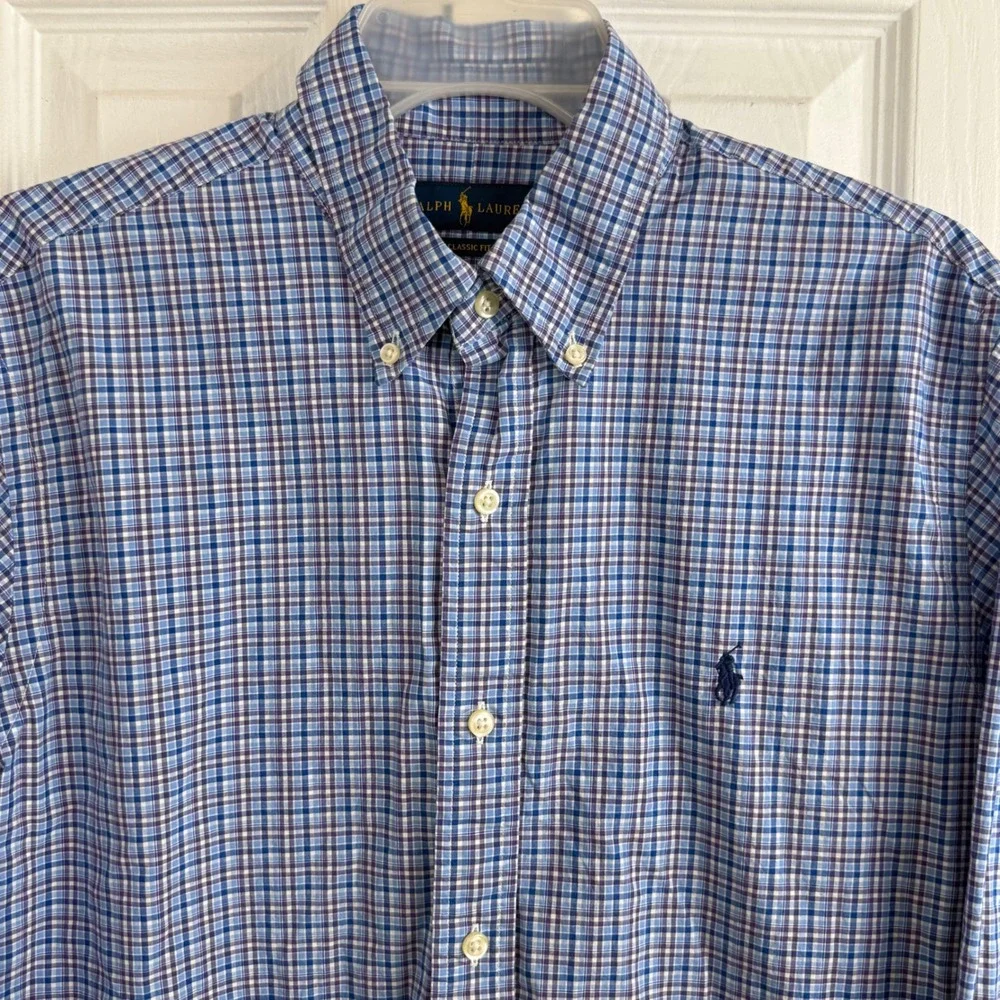 Ralph Lauren Classic Fit Plaid Button Down Shirt Mens L Blue Preppy - Picture 2 of 7
